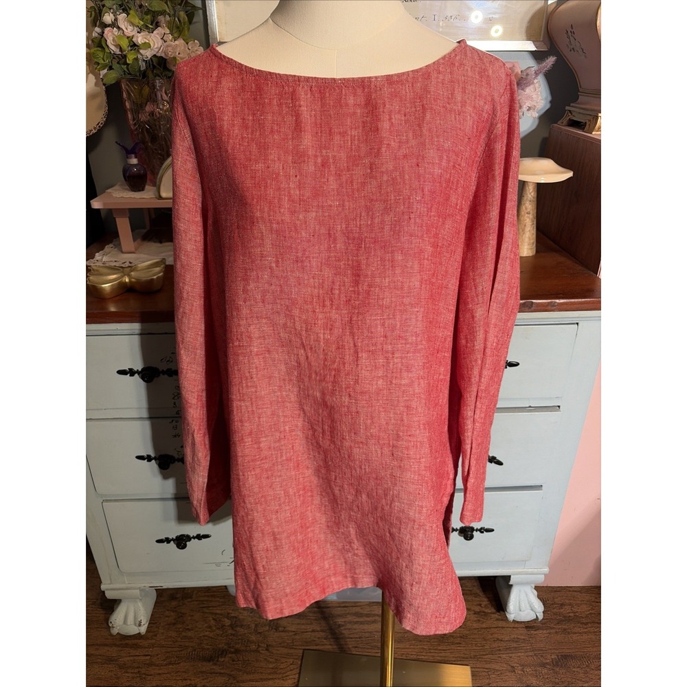 Soft Surroundings Linen Blouse Tunic Sz Medium. Red. Boho, Fall, Long Sleeves.